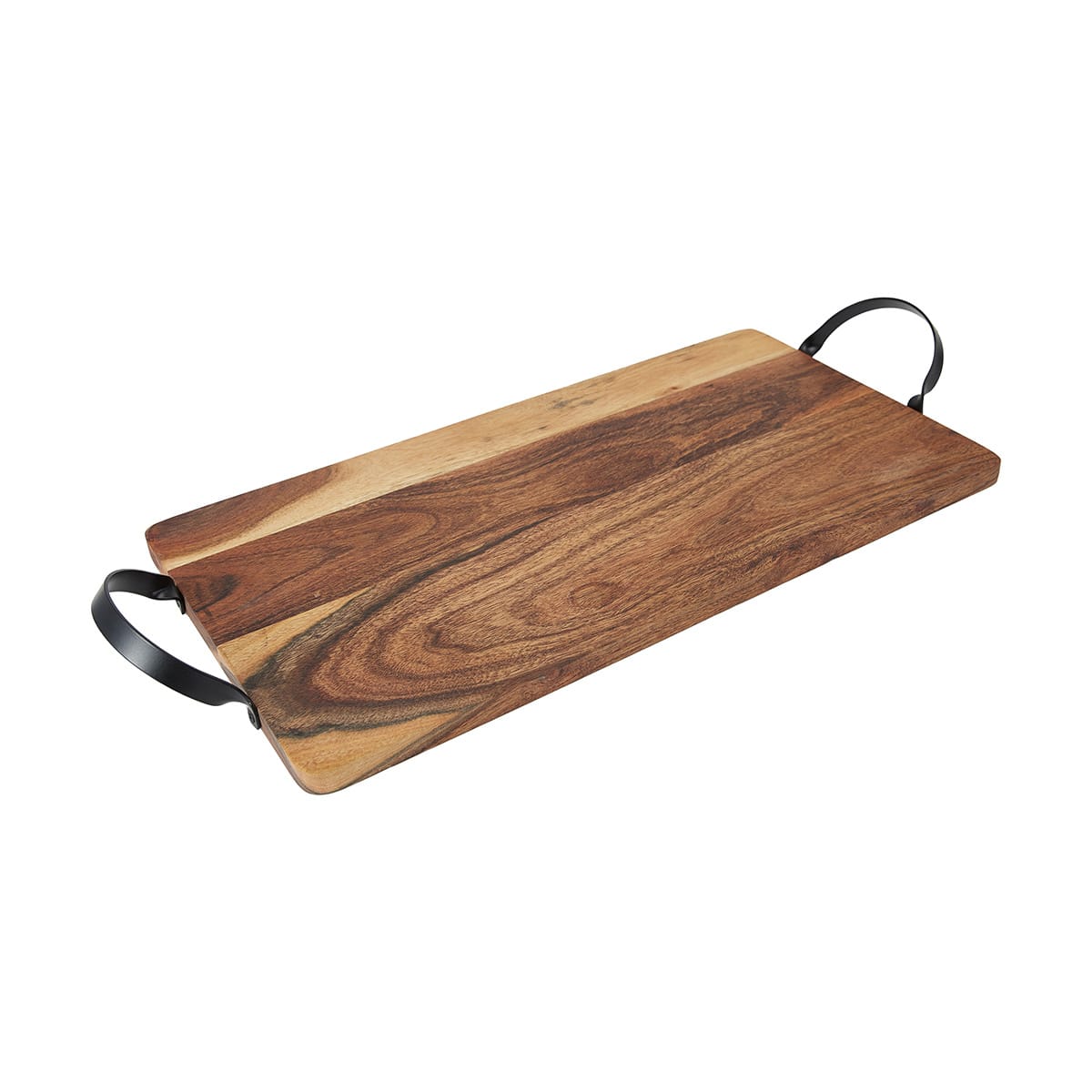 A laser-engraved acacia cutting board with metal handles